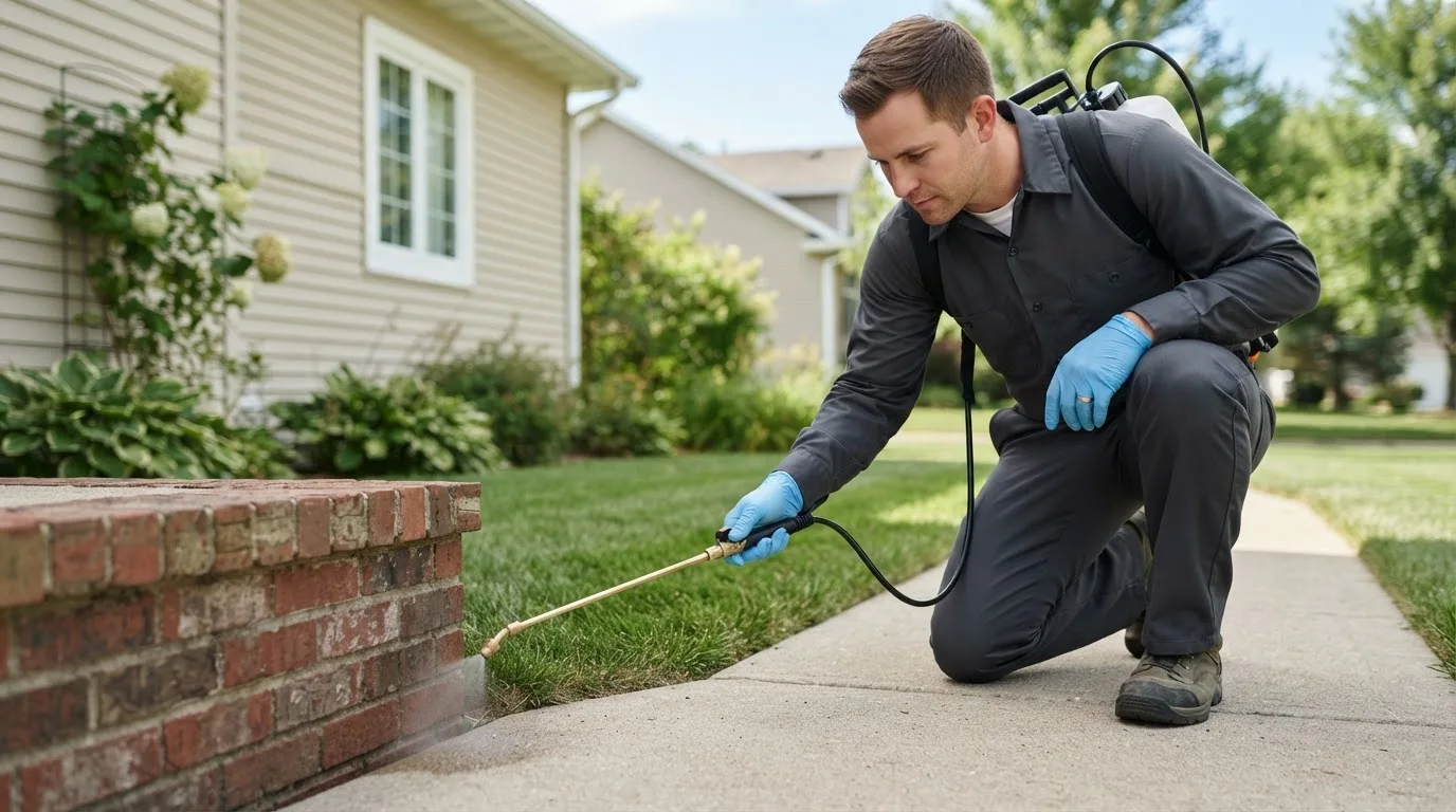 Pest control technician treating a home near Avilla, IN