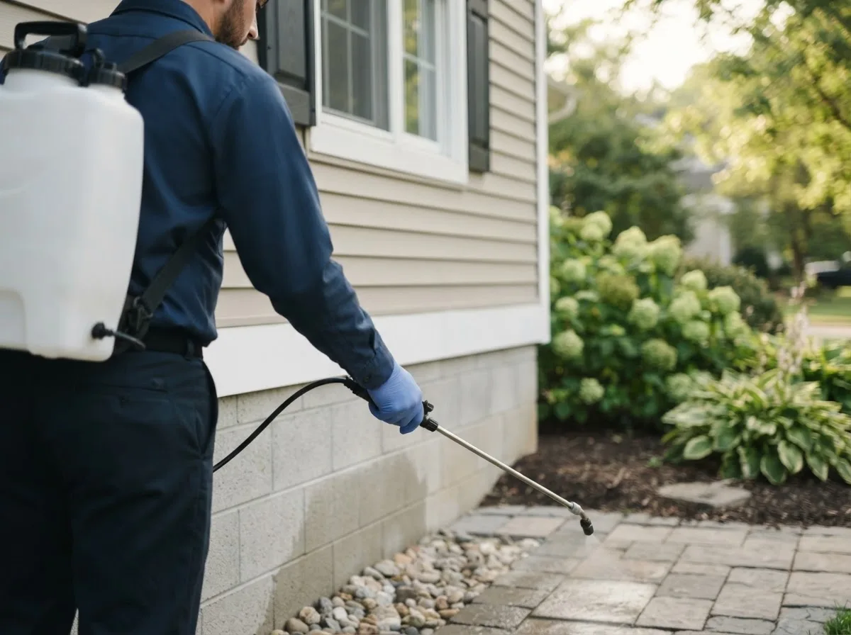 Pest control technician inspecting a home in Avilla, IN